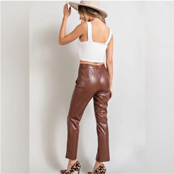 NWOT Wildfox Princess Seams Split Hem Faux Leather Pants in Brown Size L - Picture 2 of 11